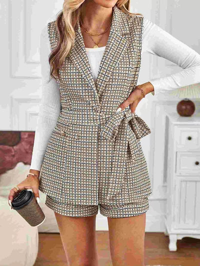 Houndstooth Lapel Collar Vest Coat and Shorts Set - Your Second Look
