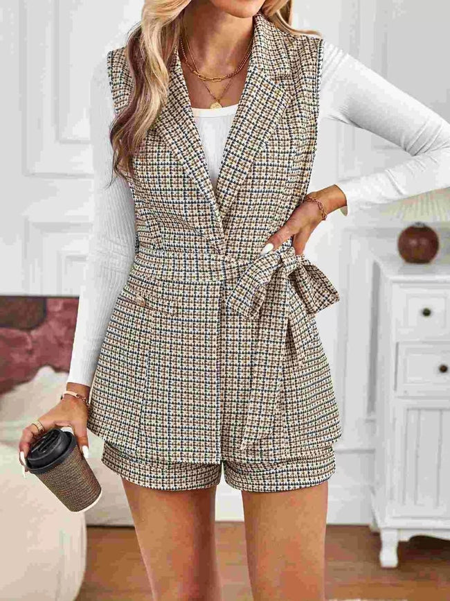 Houndstooth Lapel Collar Vest Coat and Shorts Set - Your Second Look