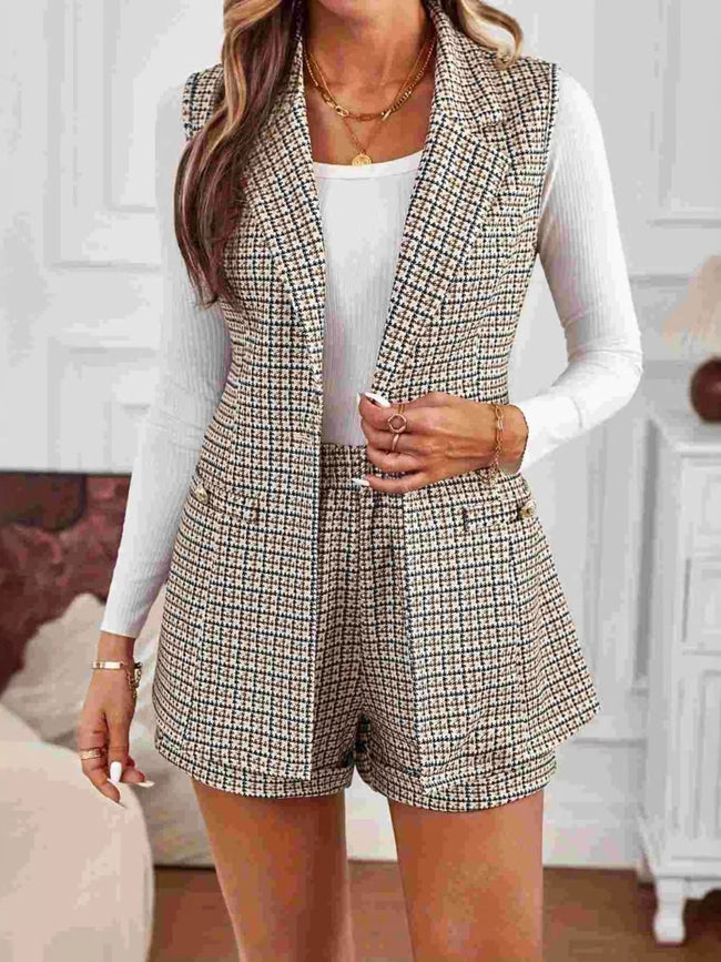 Houndstooth Lapel Collar Vest Coat and Shorts Set - Your Second Look