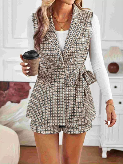 Houndstooth Lapel Collar Vest Coat and Shorts Set - Your Second Look