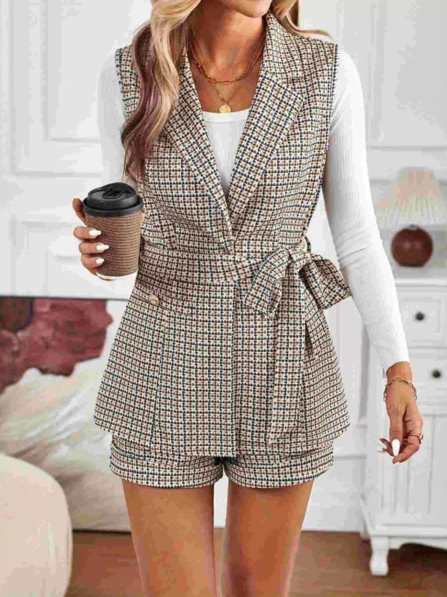 Houndstooth Lapel Collar Vest Coat and Shorts Set - Your Second Look