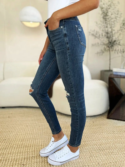 Judy Blue Full Size Mid Waist Distressed Slim Jeans - Your Second Look