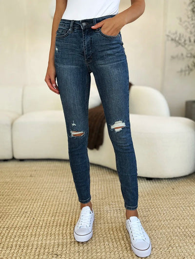 Judy Blue Full Size Mid Waist Distressed Slim Jeans - Your Second Look