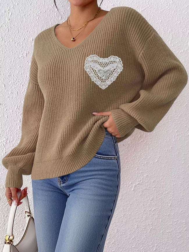 Lace Heart Dropped Shoulder Sweater - Your Second Look
