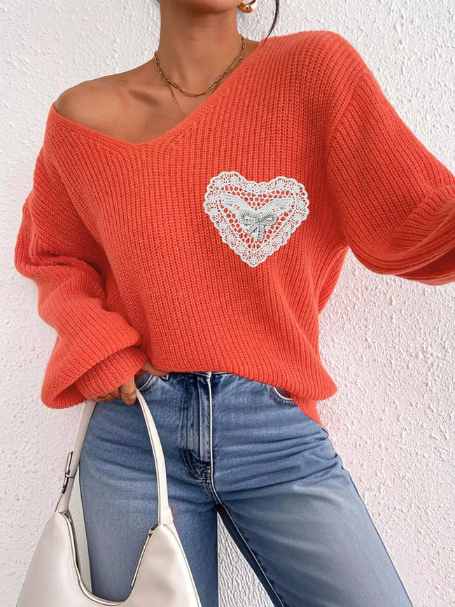 Lace Heart Dropped Shoulder Sweater - Your Second Look