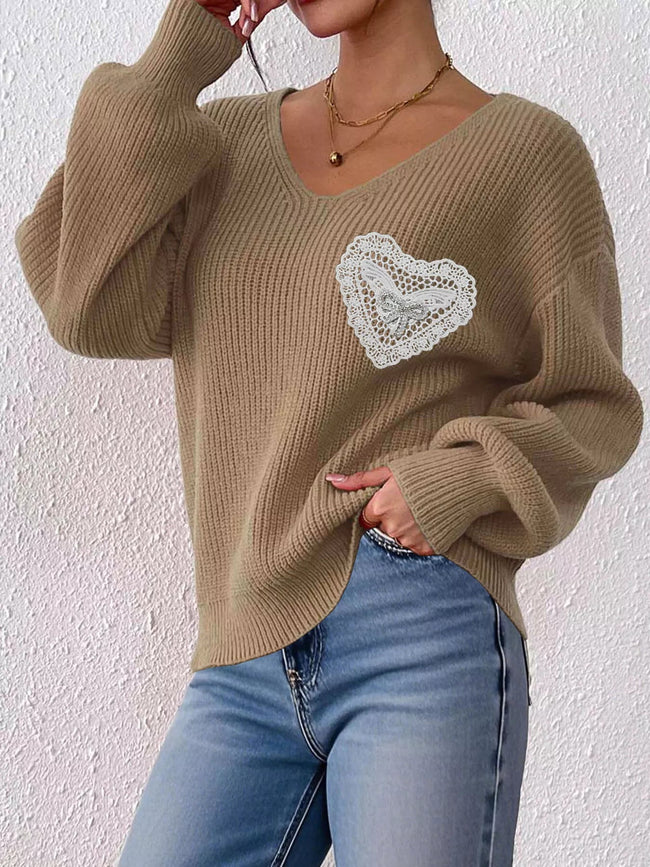 Lace Heart Dropped Shoulder Sweater - Your Second Look
