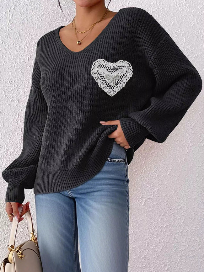 Lace Heart Dropped Shoulder Sweater - Your Second Look