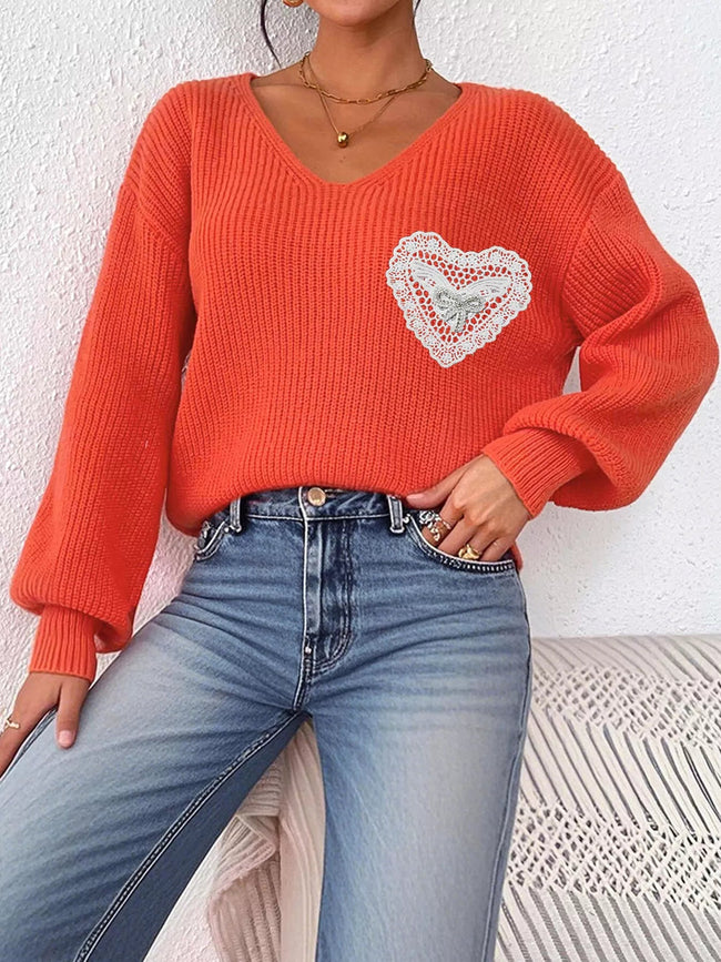 Lace Heart Dropped Shoulder Sweater - Your Second Look