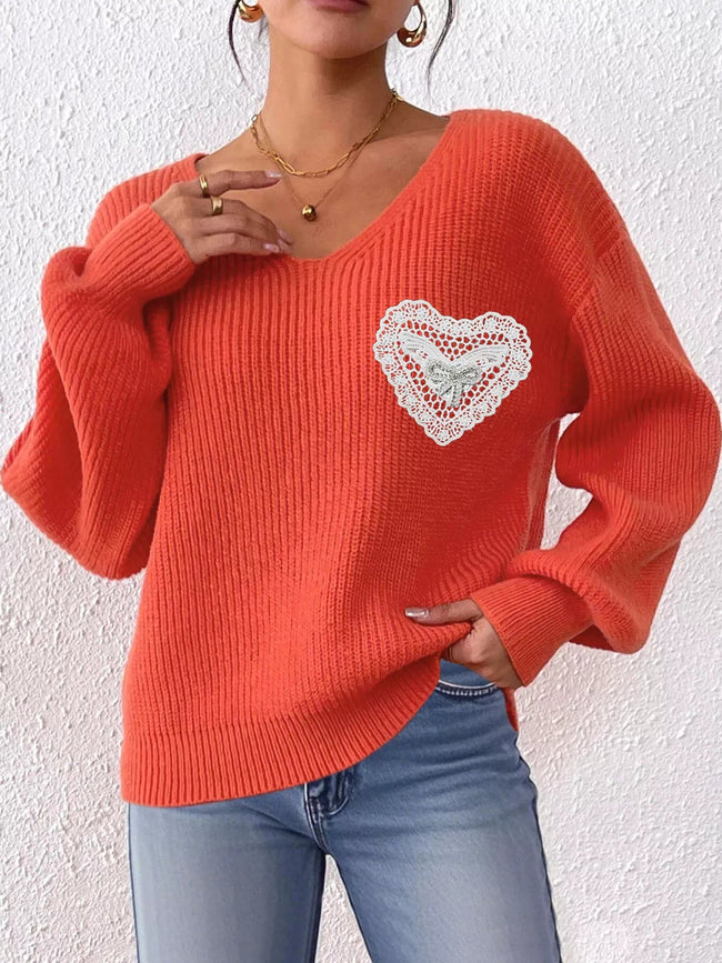 Lace Heart Dropped Shoulder Sweater - Your Second Look
