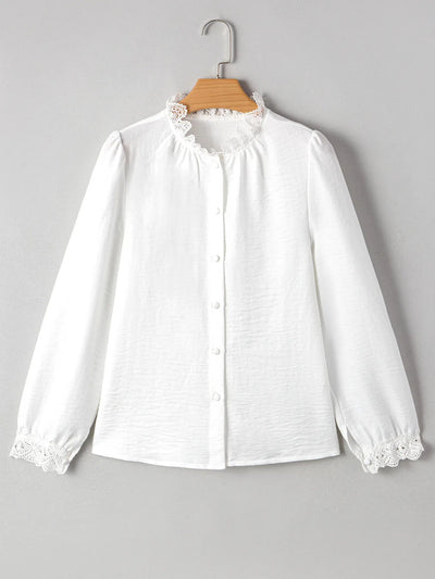Lace Patchwork Buttoned Stand Neck Loose Shirt - Your Second Look