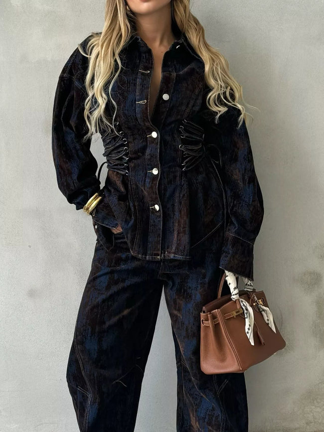 Lace Up Button Up Jacket and Jeans Denim Set - Your Second Look