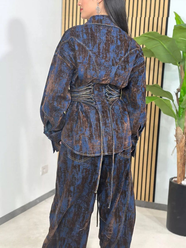 Lace Up Button Up Jacket and Jeans Denim Set - Your Second Look