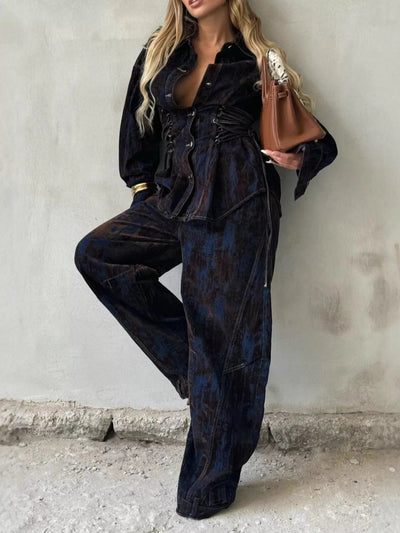 Lace Up Button Up Jacket and Jeans Denim Set - Your Second Look