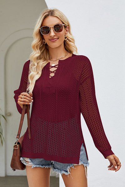 Lace - Up Slit Knit Top - Your Second Look