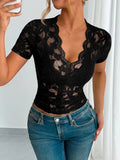 Lace V - Neck Short Sleeve Top - Your Second Look