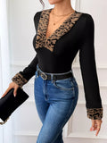 Leopard Trim V - Neck Long Sleeve Bodysuit - Your Second Look
