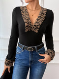 Leopard Trim V - Neck Long Sleeve Bodysuit - Your Second Look