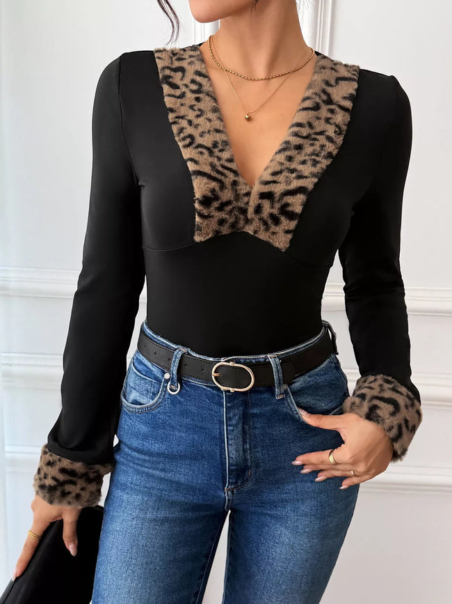 Leopard Trim V - Neck Long Sleeve Bodysuit - Your Second Look