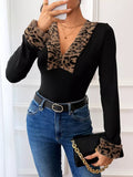 Leopard Trim V - Neck Long Sleeve Bodysuit - Your Second Look