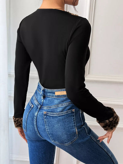 Leopard Trim V - Neck Long Sleeve Bodysuit - Your Second Look