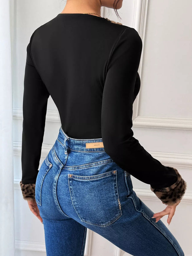 Leopard Trim V - Neck Long Sleeve Bodysuit - Your Second Look