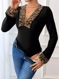 Leopard Trim V - Neck Long Sleeve Bodysuit - Your Second Look
