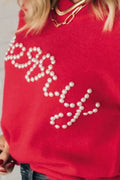 Letter Pearl Detail Round Neck Long Sleeve Sweater - Your Second Look