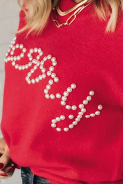 Letter Pearl Detail Round Neck Long Sleeve Sweater - Your Second Look