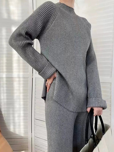 Mock Neck Raglan Sleeve Top and Pants Sweater Set - Your Second Look