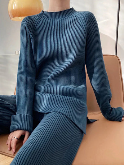 Mock Neck Raglan Sleeve Top and Pants Sweater Set - Your Second Look