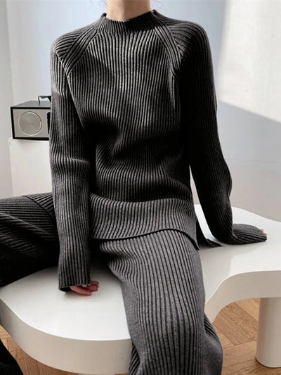 Mock Neck Raglan Sleeve Top and Pants Sweater Set - Your Second Look