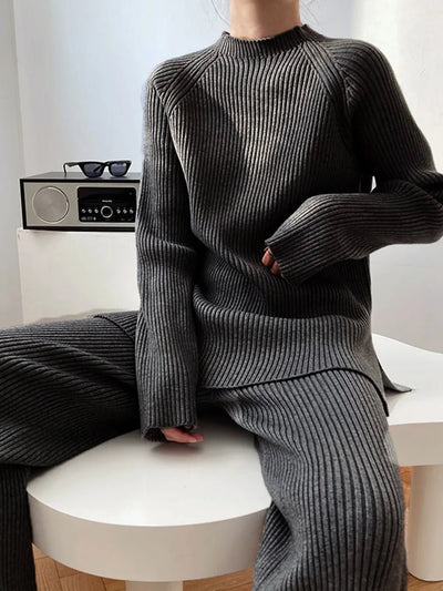 Mock Neck Raglan Sleeve Top and Pants Sweater Set - Your Second Look