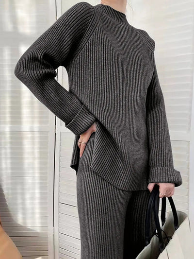 Mock Neck Raglan Sleeve Top and Pants Sweater Set - Your Second Look