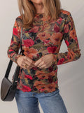 Multicolour Floral Print Lettuce Trim Long Sleeve Mesh Top - Your Second Look