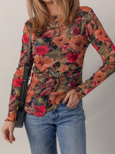 Multicolour Floral Print Lettuce Trim Long Sleeve Mesh Top - Your Second Look