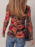 Multicolour Floral Print Lettuce Trim Long Sleeve Mesh Top - Your Second Look