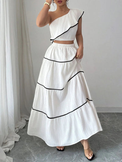 One - Shoulder Ruffle Top and Skirt Two - Piece Set - Your Second Look