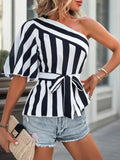 One Shoulder Striped Blouse with Belt - Your Second Look