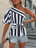 One Shoulder Striped Blouse with Belt - Your Second Look