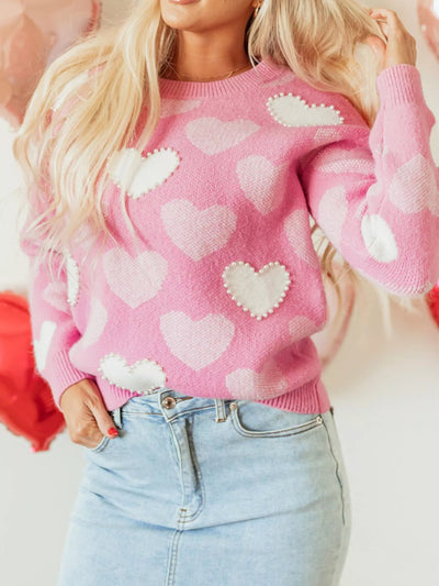 Pearled Heart Print Valentines Crew Neck Sweater - Your Second Look