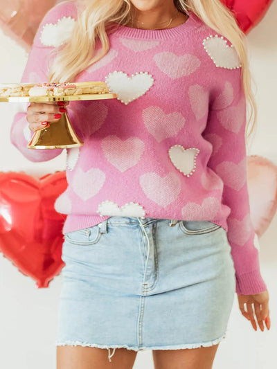 Pearled Heart Print Valentines Crew Neck Sweater - Your Second Look