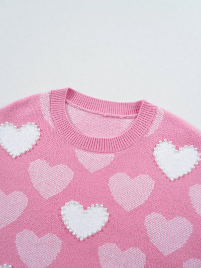 Pearled Heart Print Valentines Crew Neck Sweater - Your Second Look