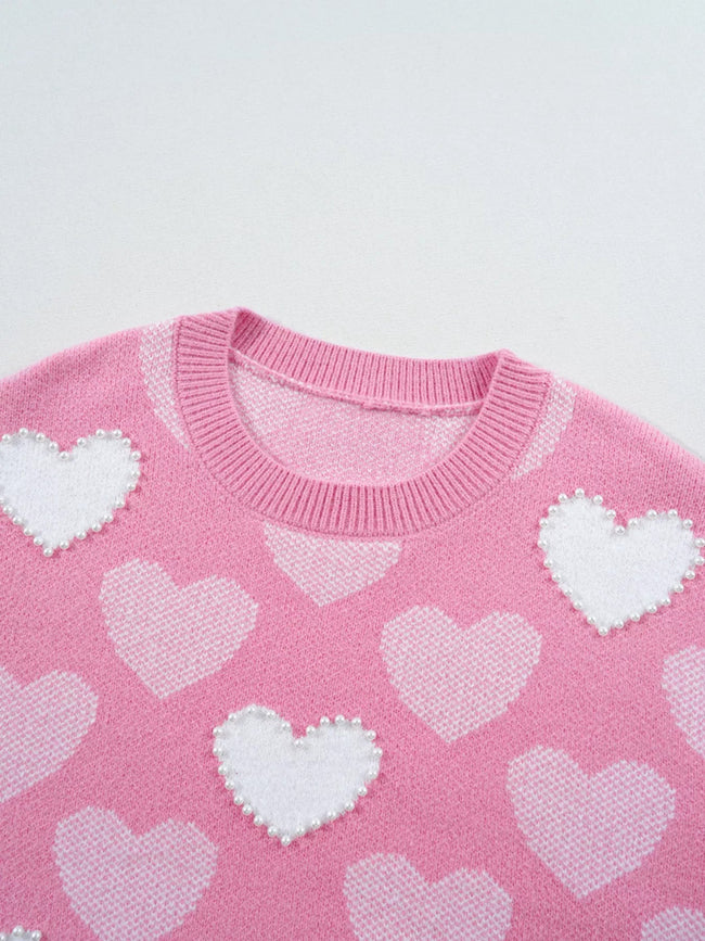 Pearled Heart Print Valentines Crew Neck Sweater - Your Second Look