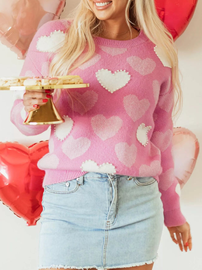 Pearled Heart Print Valentines Crew Neck Sweater - Your Second Look