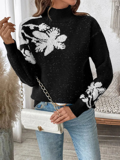Perfee Flower Mock Neck Long Sleeve Sweater - Your Second Look