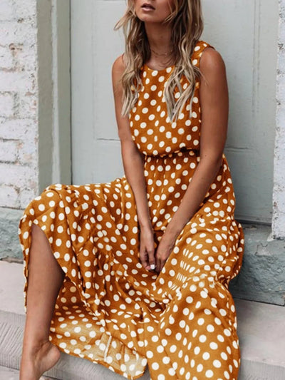 Polka Dot Round Neck Sleeveless Midi Dress - Your Second Look