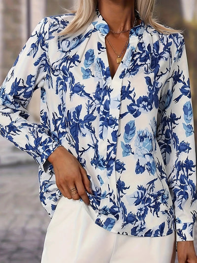 Printed Notched Long Sleeves Blouse - Your Second Look