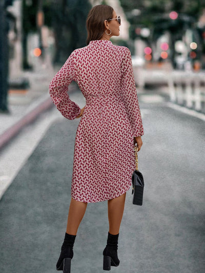 Printed Notched Tie Front Long Sleeve Dress - Your Second Look