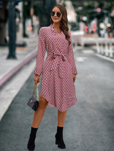 Printed Notched Tie Front Long Sleeve Dress - Your Second Look