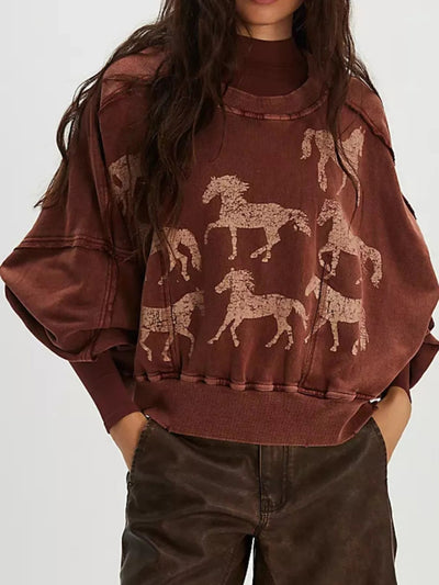 Printed Round Neck Dropped Shoulder Sweatshirt - Your Second Look